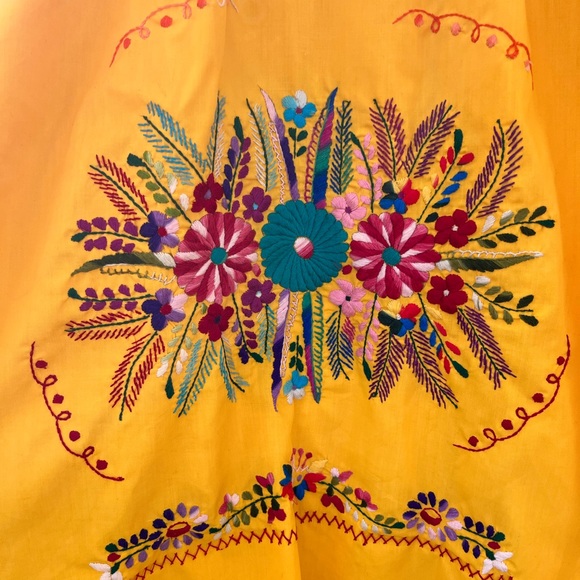 Vintage Mexican Embroidered Yellow Dress Floral Summer Beach Coverup M/L - Picture 4 of 10